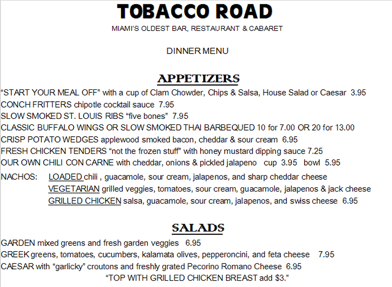 Tobacco Road Dinner Menu